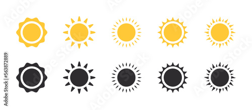 Sun icons set. Sun stars. Sunlight signs. Sunshine and solar glow. Vector illustration