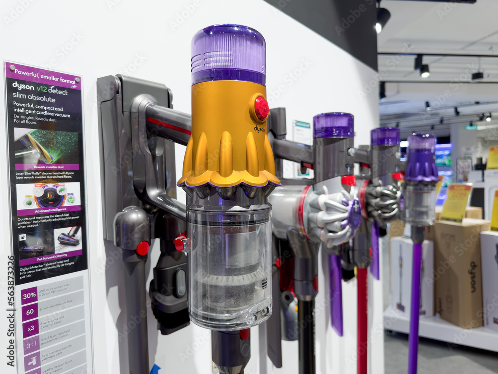 PENANG, MALAYSIA - NOV 22, 2022: Dyson V12 Detect Slim Absolute cordless  vacuum close up in electrical store. Photos