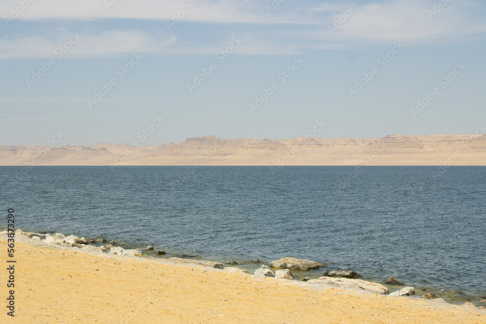 Wide View of the Qarun LakeShore with a mountains and Clear Sky - Fayoum - Egypt