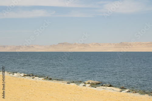 Wide View of the Qarun LakeShore with a mountains and Clear Sky - Fayoum - Egypt © mohamed