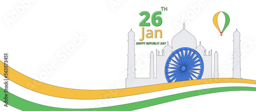 Happy Indian republic Day celebration Taj Mahal with air balloons on sky 70s retro flat style,illustration EPS10.