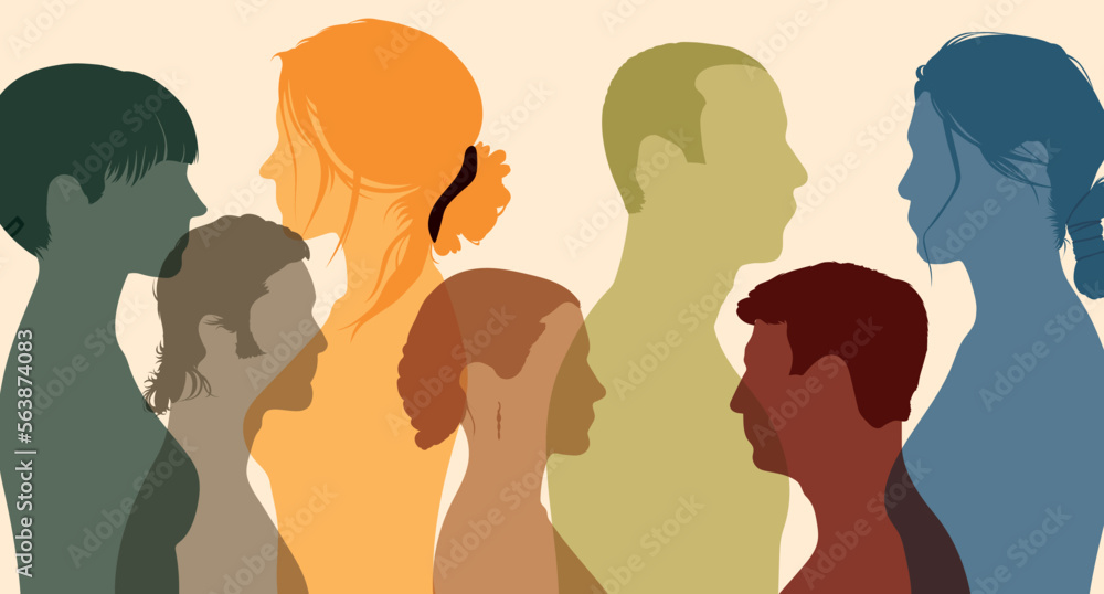 Harmony and multicultural community. Diversity people. Men and women of different countries. Flat vector illustration