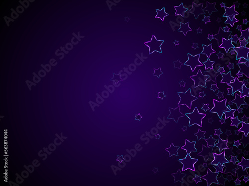 Neon luminous stars music vector background. Violet led magic New Year sparkles.