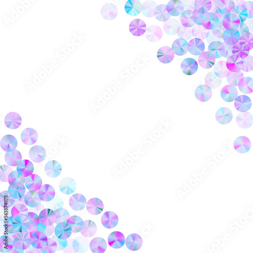 Neon paillettes confetti placer vector illustration. Metallic shimmering foil elements party decor flatlay. Christmas confetti scatter lustering background.