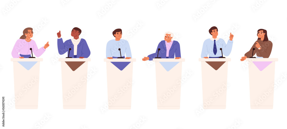 Debate process with male and female speakers standing at tribunes. Political speeches, rhetoric