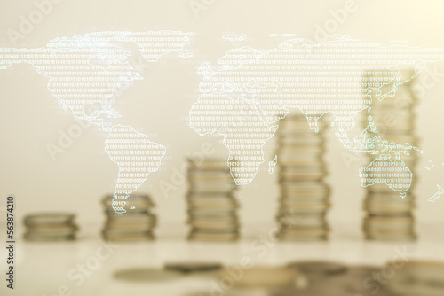 Multi exposure of abstract creative digital world map hologram on stacks of coins background, tourism and traveling concept