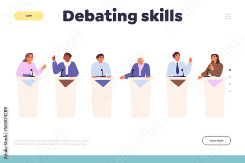 Debating skills concept of landing page with debate process and speakers standing at tribunes