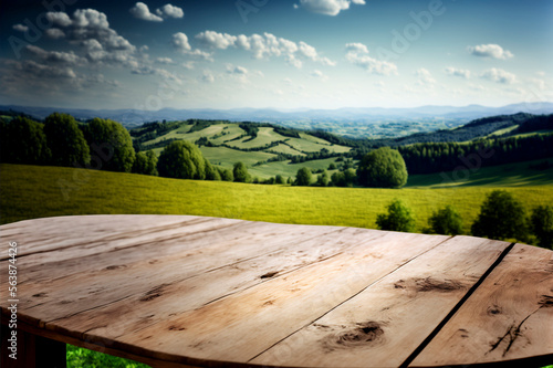 Nature landscape. Wooden platform in picturesque place. Old wooden table in front of nature. Plank platform with blue summer sky. Place for displaying goods on wooden table. ai generative.