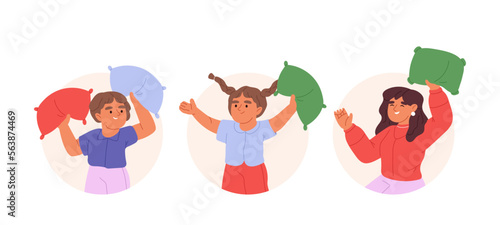 Pillow fight, set of cartoon kids hold pillows happy isolated. Joyful activity for children at home