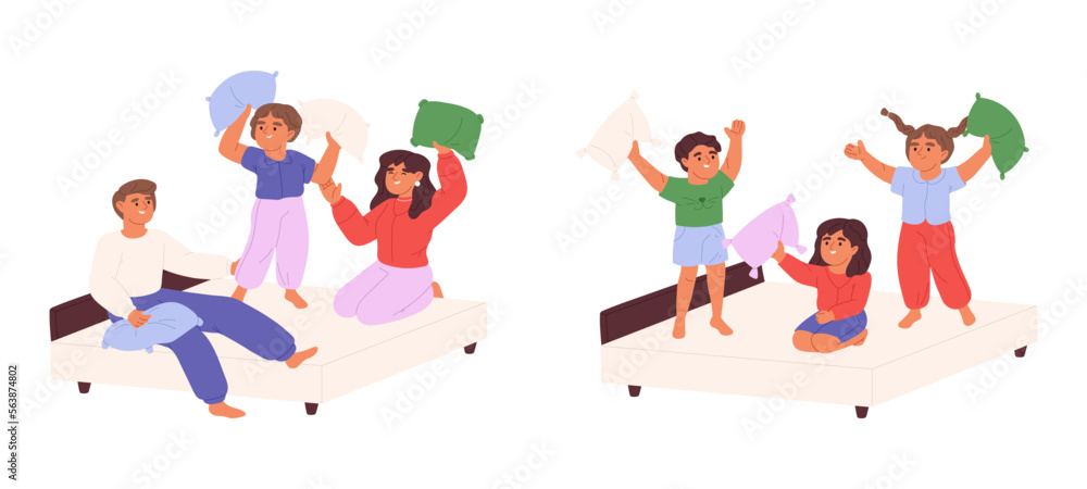 Set of kids fighting with pillows. Happy small children enjoy pillow fight and playful entertainment