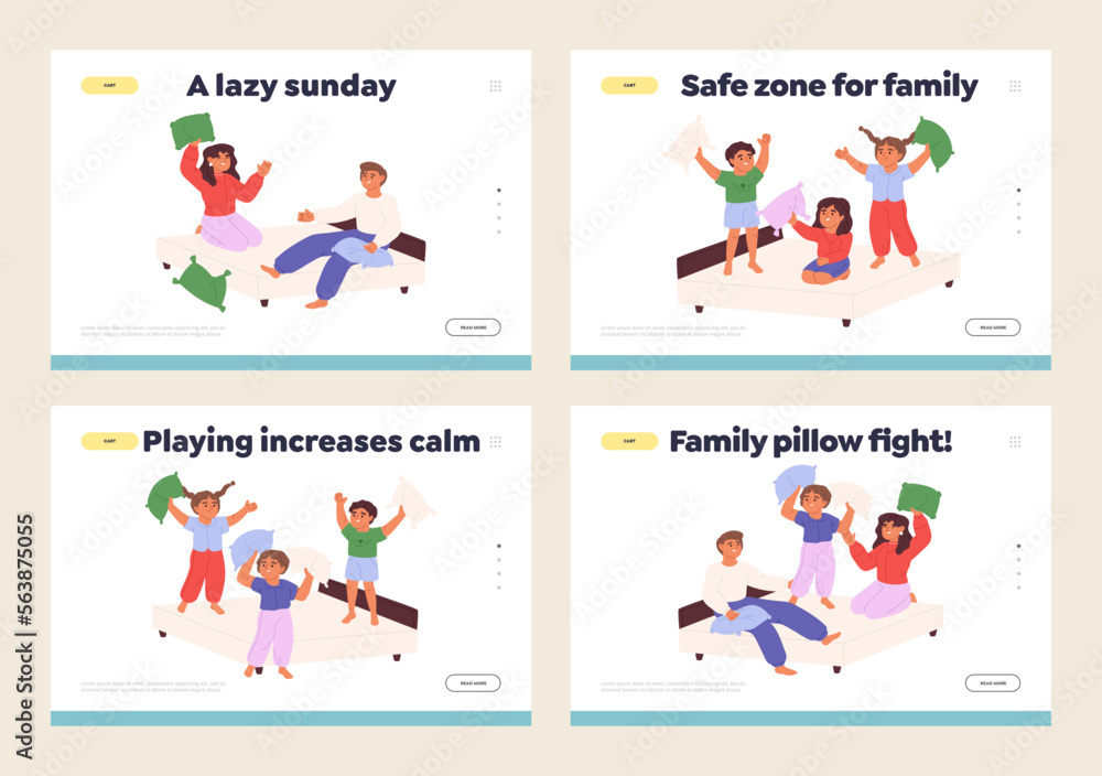 Pillow fight concept of landing pages set with kids, teenagers and parents have pillow battle game