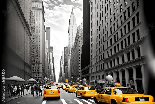 Print op canvas Image of New York City with traffic and yellow cabs