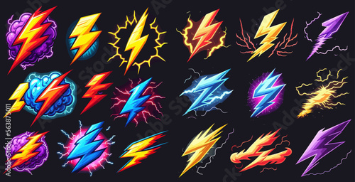 Cartoon lightning effect. Game or comic book colorful energy phaser lightnings, Cartoon vector illustration