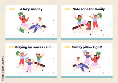 Pillow fight concept of landing pages set with kids, teenagers and parents have pillow battle game