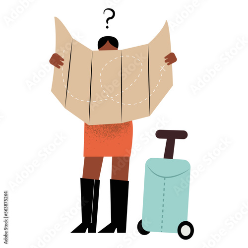 African American female looking clueless in the map, travelling tourist with a luggage. Isolated vector illustration in flat style