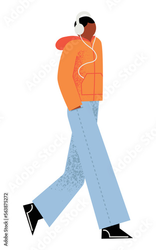 Afro American male walking with wired headphones on, with hands in his pockets, dressed casually. Isolated vector illustration in flat style