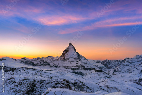 Matterhorn and swiss alps in Zermatt, Switzerland. Matterhorn at sunset.