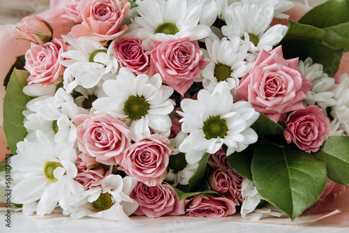 Background of beautiful bouquet of rose and chrysanthemums flowers. Backdrop for holiday  birthday  Wedding  Mother s Day  Valentine s day  Women s Day. Floral arrangement.