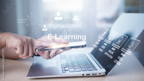 Concept E-learning education, Man using laptop with Online Education icon on virtual screen. internet lessons and online webinar, online lessons on a digital screen.Education internet Technology.