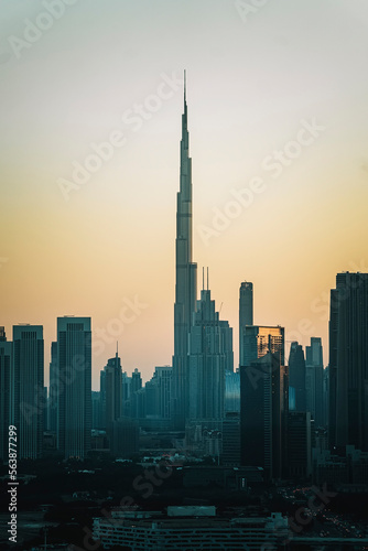 Panorama and aerial view of Dubai in summer day in evening at sunset, United Arab Emirates