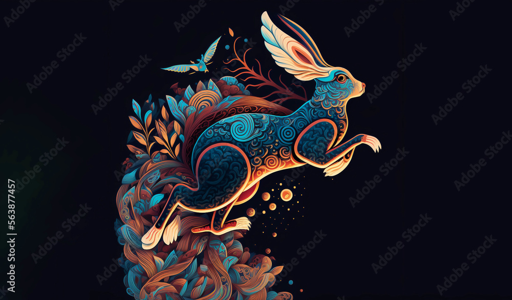 Oriental style Chinese year of the Rabbit illustration, generative AI