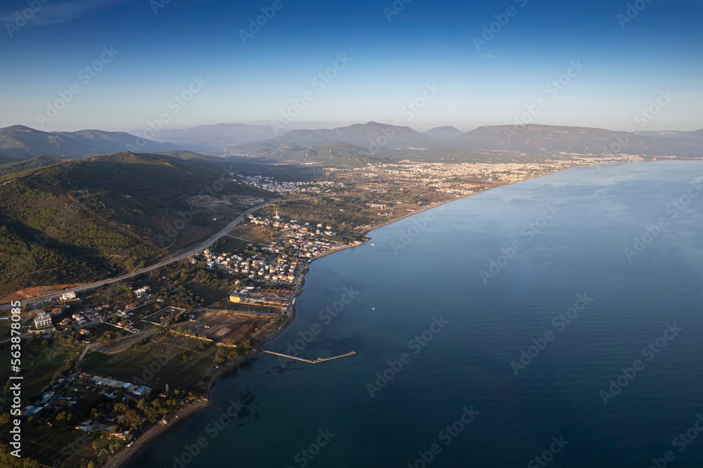 Aerial view at sunset in Seferihisar Doğanbey, a decent holiday town. Izmir Turkey Aerial view at sunset in Seferihisar Doğanbey, a decent holiday town. Izmir Turkey
