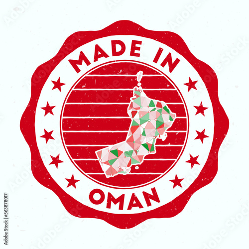 Made In Oman. country round stamp. Seal of Oman with border shape. Vintage badge with circular text and stars. Vector illustration.