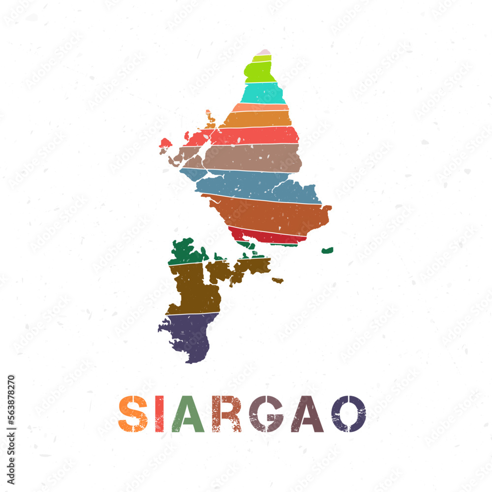 Siargao map design. Shape of the island with beautiful geometric waves and grunge texture. Artistic vector illustration. Siargao map design. Shape of the island with beautiful geometric waves and grunge texture. Artistic vector illustration.