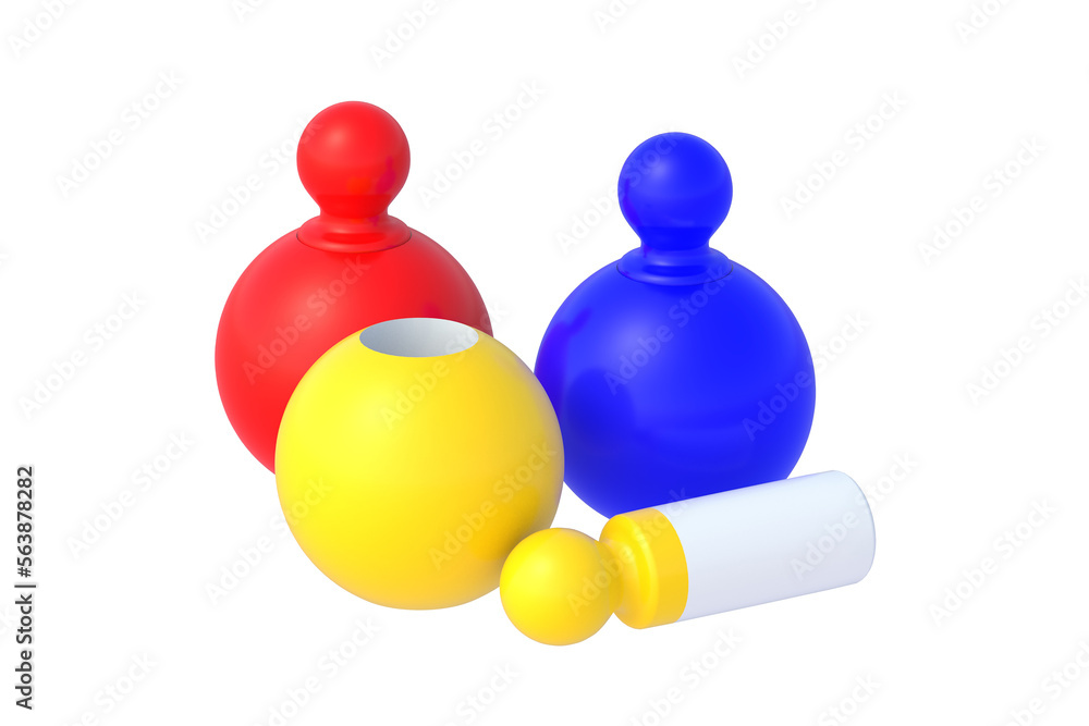 Set of dolls isolated on white background. Educational logic toys. Montessori games. 3d render Set of dolls isolated on white background. Educational logic toys. Montessori games. 3d render