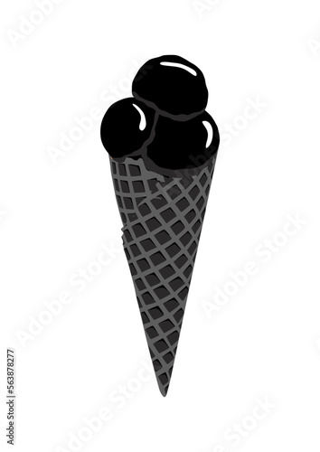 Black ice cream icon vector illustration. Isolated on white background. Sweet and cold dessert. Three scoops of ice cream. Waffle.
