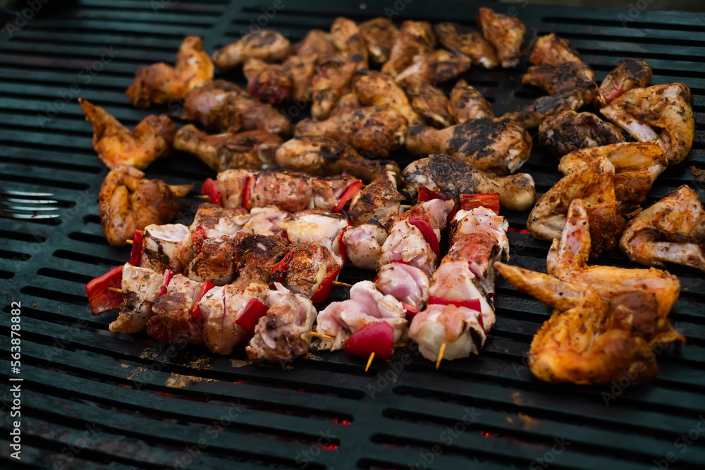 juicy meat skewers are fried on the grill, nature, the concept of outdoor recreation, hanging out with friends