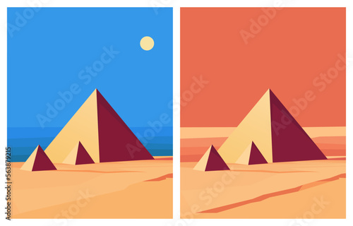 Egyptian Pyramids Travel and Tourism Concept on a Desert Landscape Background Scene Flat Design. Vector illustration