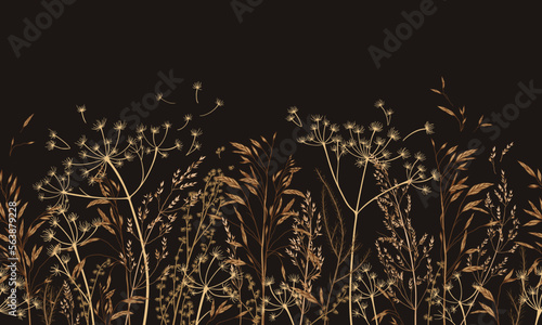 Horizontal seamless pattern with wild and dry grass. Dark background. Earth color. Engraving. Vector botanical illustration. Ornament for wallpaper, card, border, banner. Hand-drawn field. photo