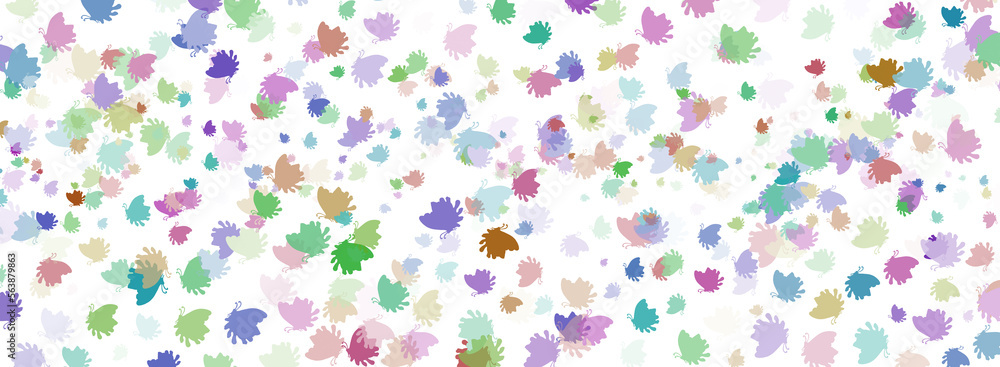 White background with colorful confetti butterflies.