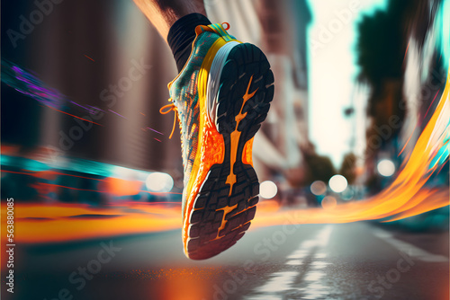Runner in running shoes in a city on concrete after rainfall, generative ai photo