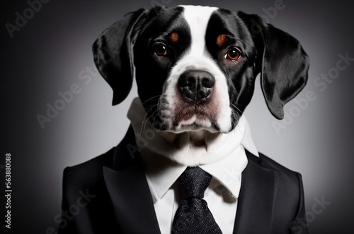 photo of a dog wearing a suit and tie with a dark background and a gray background - Generative AI © Fernando