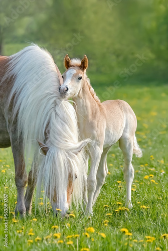 Cute little Haflinger horse foal standing beside its mother, nibbling at her mane, on a green grass meadow in spring photo