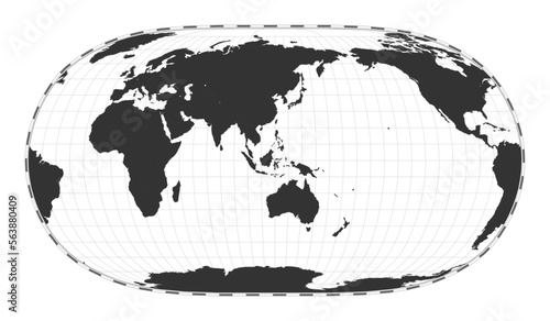 Vector world map. Natural Earth II projection. Plain world geographical map with latitude and longitude lines. Centered to 120deg W longitude. Vector illustration.
