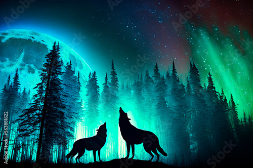 couple of wolves howling at the full moon at night with northern lights, generative ai © ArgitopIA