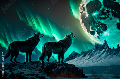 couple of wolves howling at the full moon at night with northern lights  generative ai