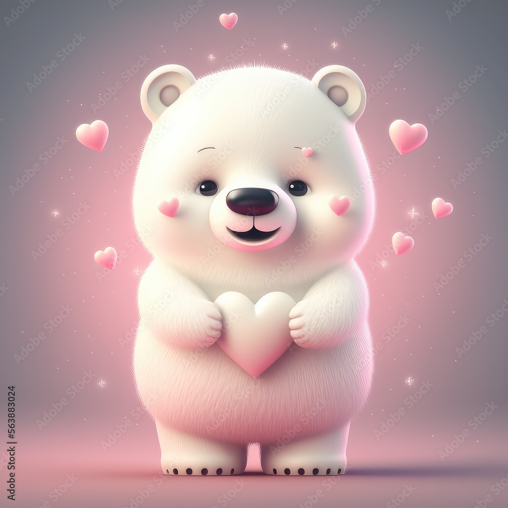 White teddy bear holding a white heart. Valentine day card. Romance and love concept. Generative ai. White teddy bear holding a white heart. Valentine day card. Romance and love concept. Generative ai.