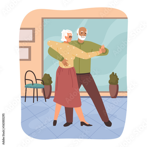 Grandparents at dancing classes, elderly man and woman leading active lifestyle. Senior characters spending weekends, entertainment and fun. Vector old people in flat style