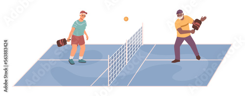 Pensioner couple playing tennis outdoors, grandmother and grandfather leading active and healthy lifestyle. Doing sports and exercising. Vector in flat style