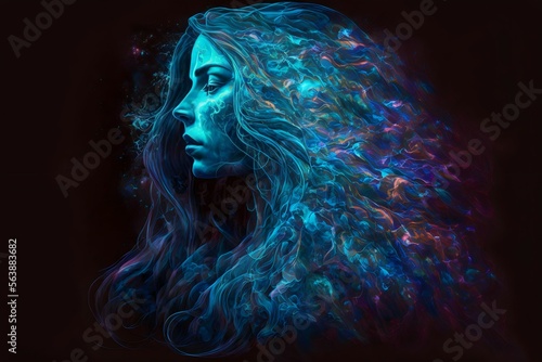 A fictional AI generated astral spiritual enlightened female with glowing long hair, in a healing energy aura of chakra colors as a blue iridescent realistic woman from a fantasy world. 