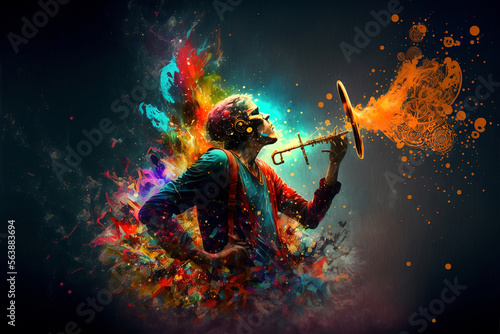 Abstract person playing instrument with vivid energy all around. Generative AI, this image is not based on any original image, character or person.