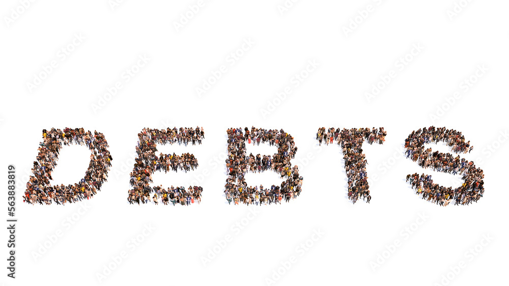 Concept or conceptual large community of people forming the word DEBTS. 3d illustration metaphor for financial burden under the form of mortgages, loans, credit cards, taxes, bills and low savings Concept or conceptual large community of people forming the word DEBTS. 3d illustration metaphor for financial burden under the form of mortgages, loans, credit cards, taxes, bills and low savings