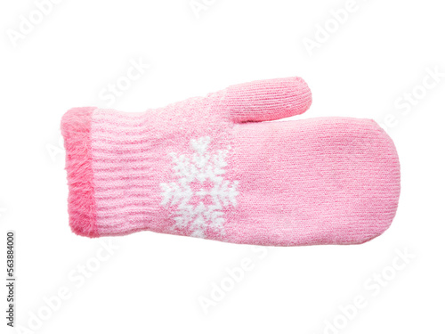 pink knitted mitten with a snowflake pattern on a white background
