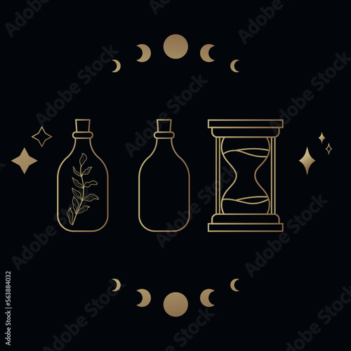 esoteric set on black background in flat style. black set vector with bottle, hourglass