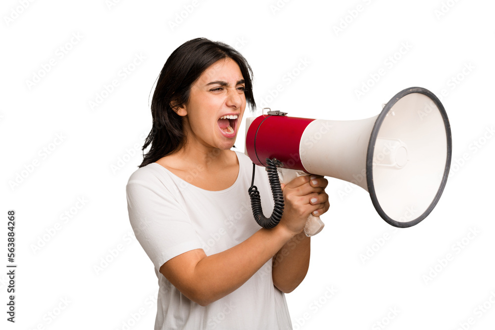 Young Indian woman holding a megaphone isolated Young Indian woman holding a megaphone isolated