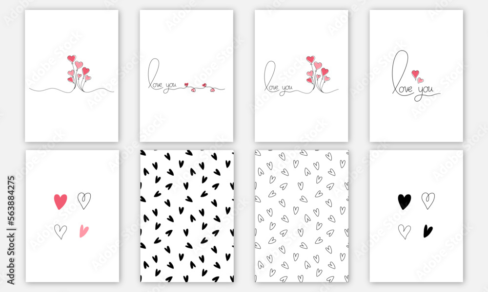 Set of 8 happy Valentine's Day set of simple cards, banners or backgrounds with heart frame and pattern in modern flat style for decor, greetings, packaging, print. Vector EPS 10 Set of 8 happy Valentine's Day set of simple cards, banners or backgrounds with heart frame and pattern in modern flat style for decor, greetings, packaging, print. Vector EPS 10